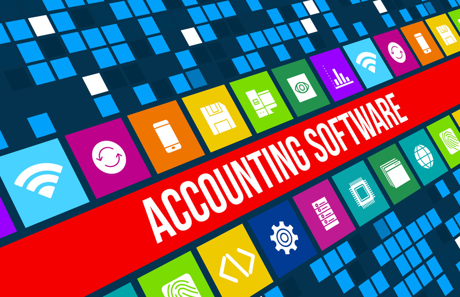 Accounting software concept image with technology icons and copyspace